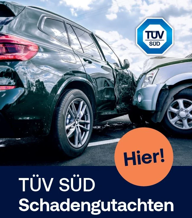 TÜV SÜD Schadengutachten: zwei Fahrzeuge nach einem Unfall, mit TÜV-SÜD-Logo